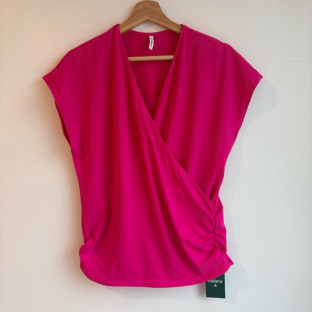 HALARA Women’s V Neck Cap Sleeve Crossover Ruched Hot Pink Work Blouse M NWT - Picture 3 of 5